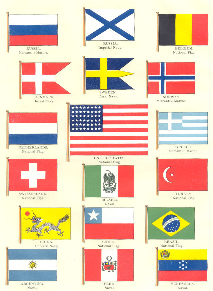FLAGS. Mercantile Marine,Navy. Russia;Belgium;Norway;Netherlands;USA;Greece 1910